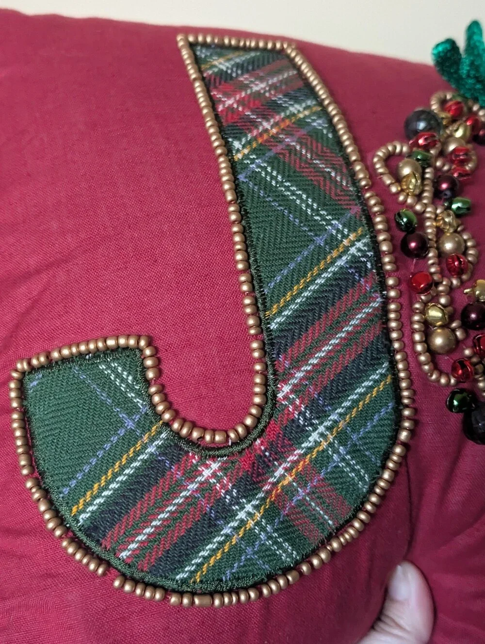 Vintage Pier 1 Beaded, Jingle Bells Tarten Plaid JOY Pillow Christmas Holiday